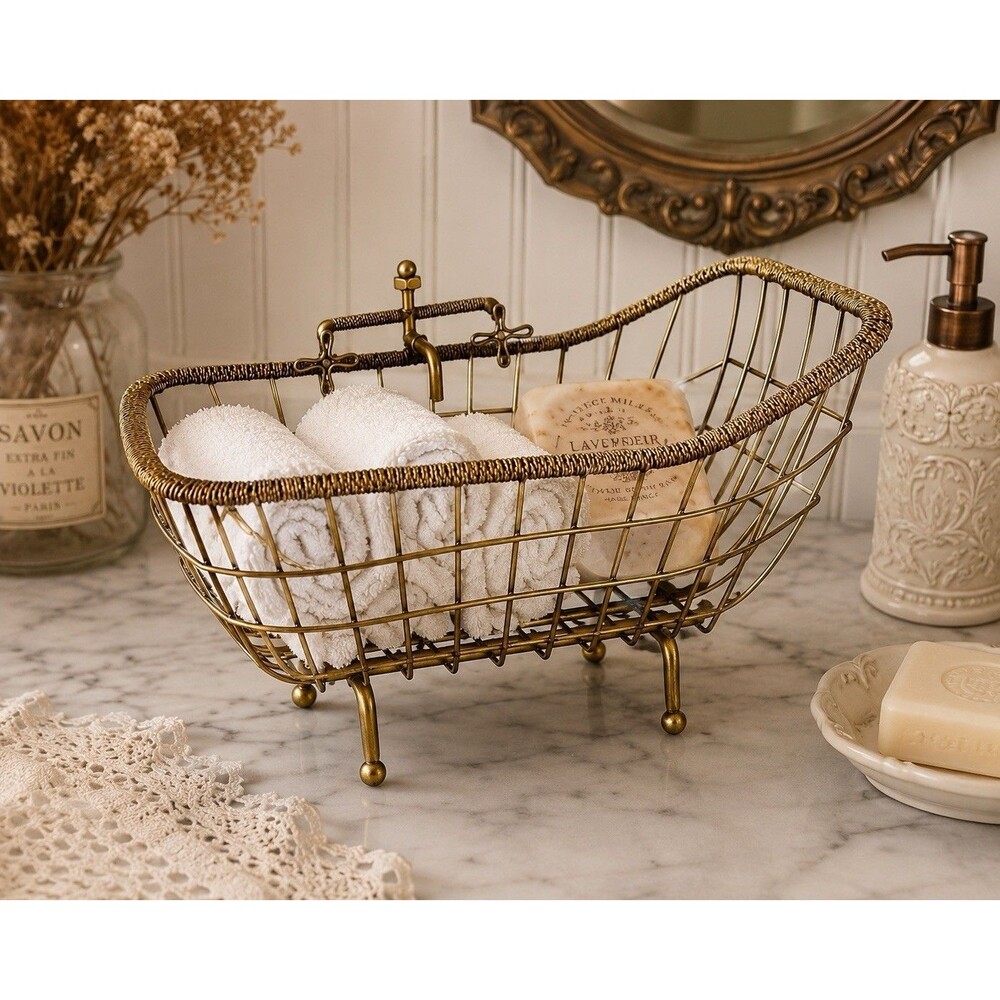 Vintage Brass Wire Clawfoot Bathtub Basket Bath Vanity Towel Storage Home Decor